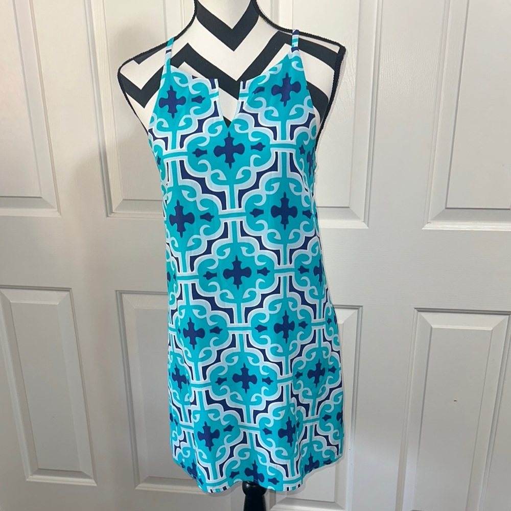 ANNIE GRIFFEN Silk Blue and White Geometric Print Dress